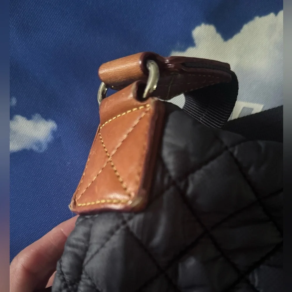 MZ Wallace Black Quilted Nylon Crossbody Bag with Brown Leather Accents